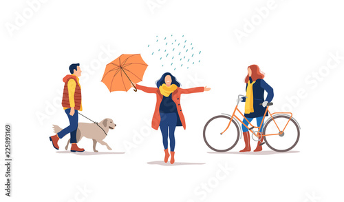 Autumn season. People outdoor in the park on weekend. Vector illustration.