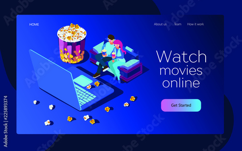 Watch the movie online with a laptop. Young people are watching film and sitting on the couch.  Bright youth illustration of a home cinema. Isometric 3d flat illustration
