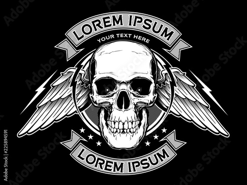 Tattoo skull illustration in decorative frame with wings