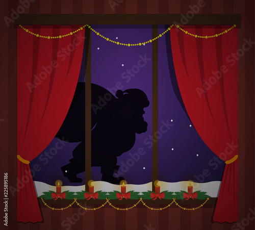 Santa Claus sneaks outside the window. New year's night. From the cozy room you can see the silhouette of Santa outdoor, he sneaks to bring gifts. Christmas night, it's snowing. 