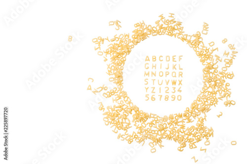 Alphabet made of macaroni letters isolated on white background with clipping path