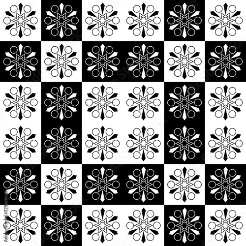 Black and white snowflakes on black and white squares, seamless pattern. The effect of a chessboard or tile
