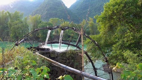 Bamboo water wheel. The use of water power for irrigation, near Cao Bang, Vietnam	