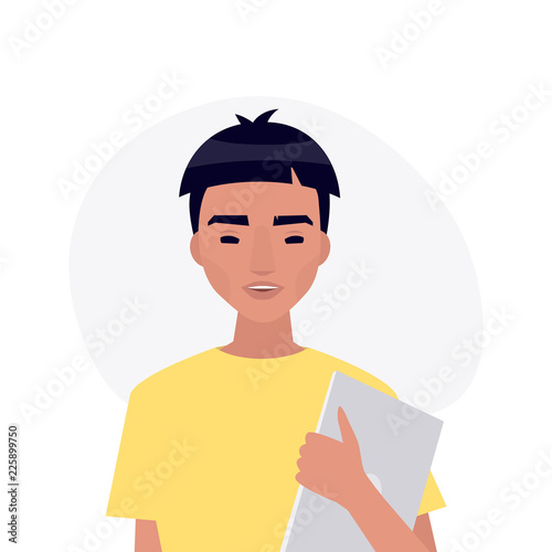 A portrait of young millennial character. Asian boy holding a laptop. Flat editable vector illustration, clip art