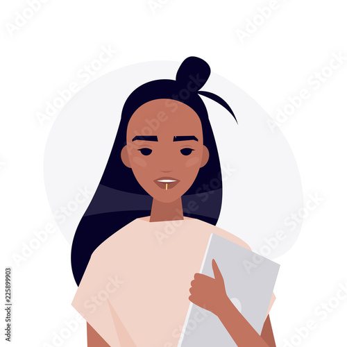 A portrait of young millennial character. Beautiful indian girl holding a laptop. Flat editable vector illustration, clip art