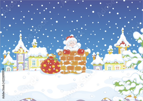 The night before Christmas, Santa Claus looking out of a chimney on a snow-covered roof