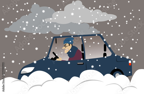 Distressed motorist stuck in snow during a winter storm, EPS 8 vector illustration 