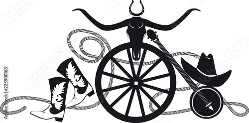 Country-western theme banner with cowboy boots and hat, banjo and buffalo scull, EPS 8 vector silhouette illustration, no white objects