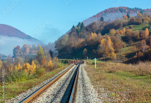 Autumn Carpathian mountains and railroad bridge, Ukraine photo