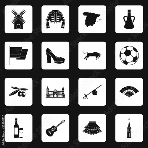 Spain travel icons set in white squares on black background simple style vector illustration