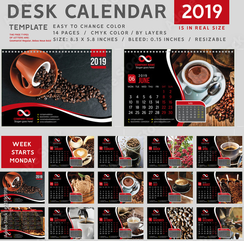 Desk calendar Template for 2019 Year. Design Template. Week starts on Monday. Vector Illustration. red
