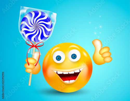 Happy smiling round face holding sweet candy lollipop and showing thumb up on bright blue background. Cartoon character. Icon