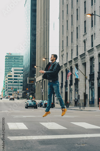 Man jumping on the street of Chicago