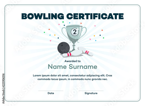 Modern second place bowling certificate diploma with a silver winning cup and place for your content. Isolated on light background with transparent shadows.