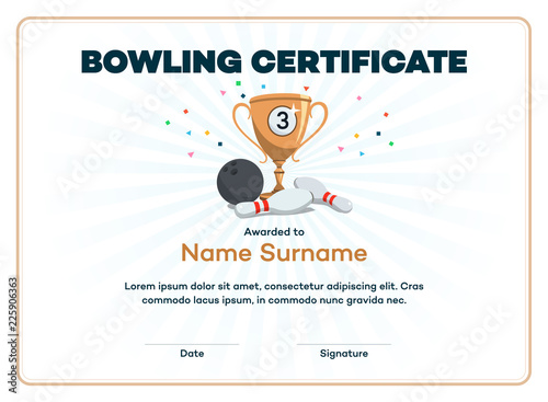 Modern third place bowling certificate diploma with a bronze winning cup and place for your content. Isolated on light background with transparent shadows.