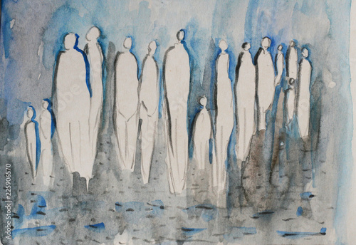 Gruppe von Menschen, herbstlich im Regen, anonym in der Stadt, abstrakte Silhouette einer Menschengruppe in blau, homogene Gruppe, Soziologie, Sitten und Gebräuche, soziale Mischung, Kontakte