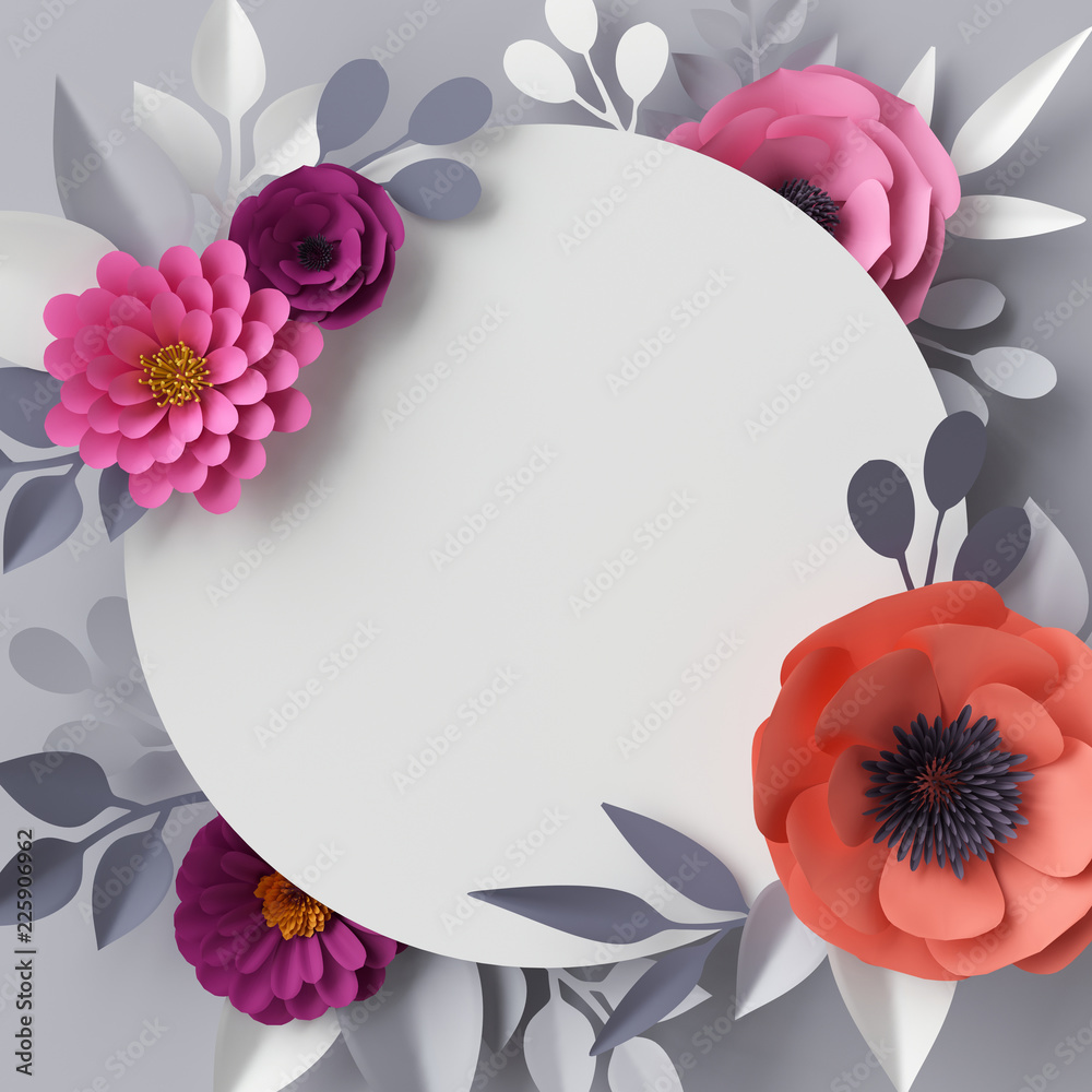 3d render, abstract paper flowers, floral background, blank round frame,  greeting card template Stock Photo | Adobe Stock