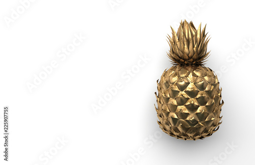 Alone gold pineapple isolated on a white background with space for text. Tropical exotic fruit. Front view. 3D rendering.