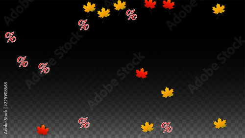 Vector Percentage Sign and Autumn Leaves Confetti on Transparent Background. Percent Sale Background. Business, Economics, Finance Print. Discount Illustration. Promotion poster. Black Friday Banner. 