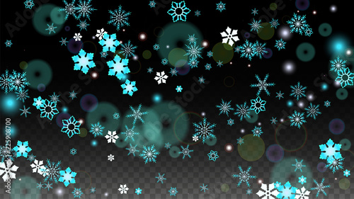 Christmas  Vector Background with Blue Falling Snowflakes Isolated on Transparent Background. Realistic Snow Sparkle Pattern. Snowfall Overlay Print. Winter Sky. Design for Party Invitation.