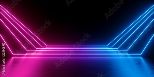 Fototapeta Naklejka Na Ścianę i Meble -  3d render, abstract minimal background, glowing lines, blank space, pink blue neon lights, ultraviolet spectrum, virtual reality corridor, laser show