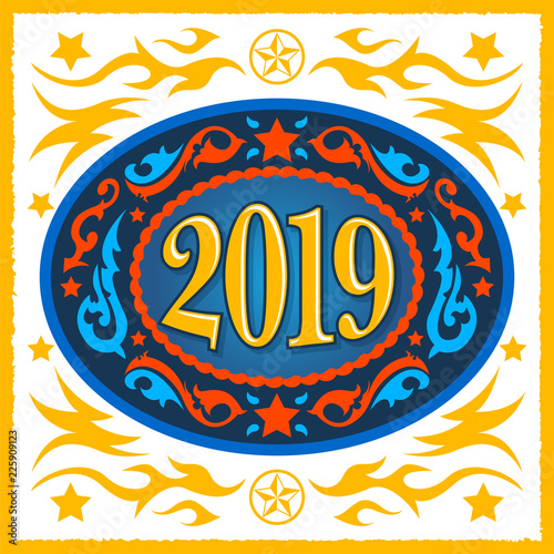 2019 cowboy  western style new year oval belt buckle, vector illustration