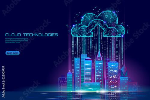 Smart city 3D light cloud computing cityscape. Intelligent building big data exchange storage online futuristic business concept future technology. Urban banner vector illustration photo