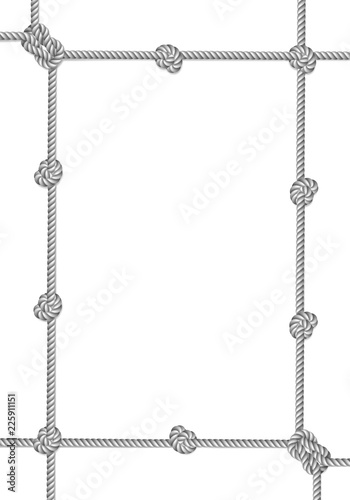 White rope woven vector border with rope knots, vertical vector frame, isolated on white background