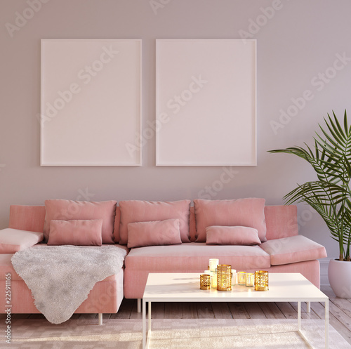 Mock up frame in living room interior, 3d render