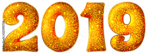 2019 inscription made of shiny material, isolated on white background