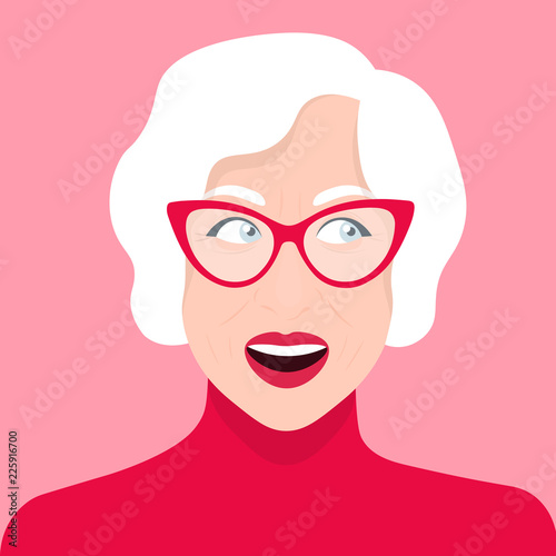 Delight and admiration. A old woman's amazed face. Portrait. Vector Flat Illustration