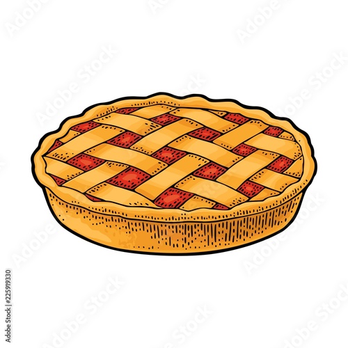 Whole homemade apple pie. Vector black vintage engraving