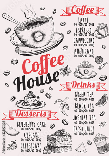 Coffee house menu. Restaurant cafe menu, template design. Food flyer.