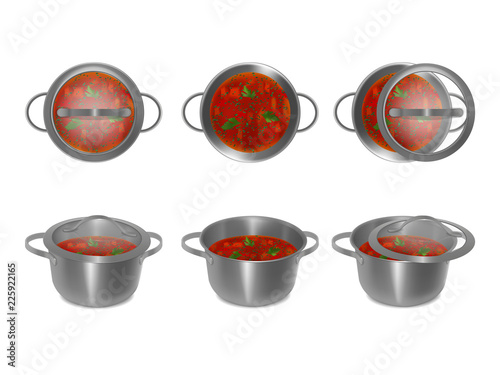 collection of metal pots with soup and glass lids in different angles, side, top, separately. Set of steel pots. Realistic style. Vector illustration.