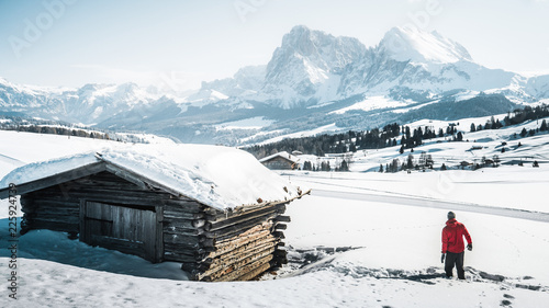 Mountainous panorma landscape. Classic view of the famous Alpe di Siusi mountain resort or Seiser Alm in the Dolomites in winter, South Tyrol, Italy photo