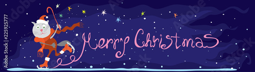  magical merry Christmas/ vector long border with cat in red tracksuit on skates on the background of stars