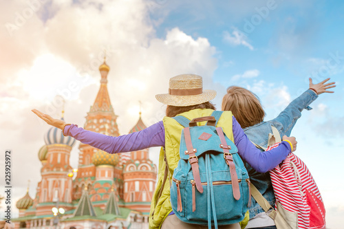 Two young women travel in Moscow, Russia