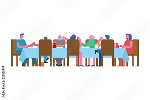 Family dinner. Relatives eat at table. Father and mother. Grandmother and grandfather.
