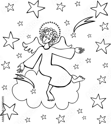 Vector drawing of an angel sitting on a cloud