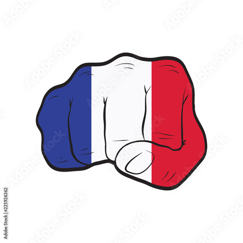 France flag on a clenched fist. Strength, Power, Protest concept