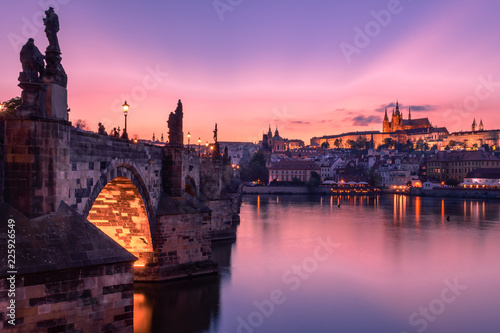 Charles bridge and Prague castle at dusk