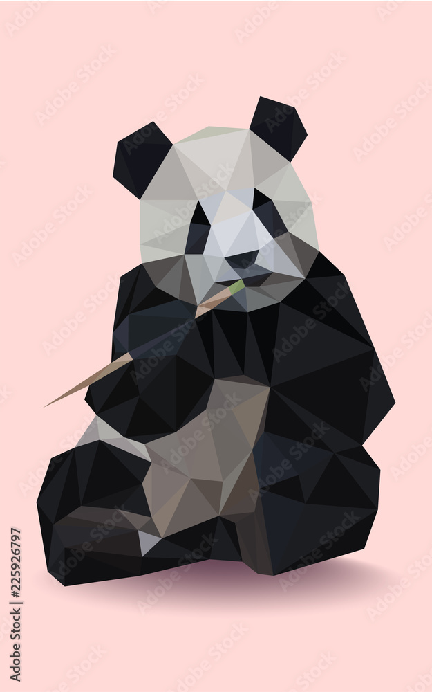 Fototapeta premium Kolorowy wielokątny styl dzikiej pandy czarno-białej na różowym tle