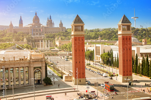 Photography Cityscape view of Placa d'Espanya or Spain square, with the Venetian Towers and the National Art Museum
