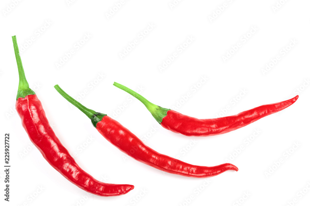 red hot chili peppers isolated on white background with copy space for your text. Top view. Flat lay pattern