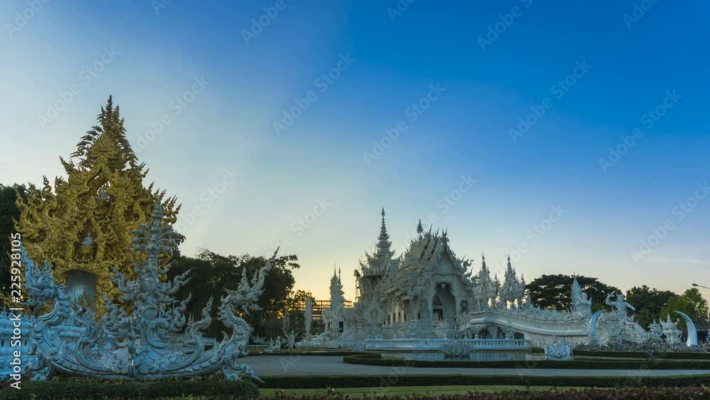Wat Rong Khun beautiful white temple famous landmark travel place and popular of Chiang Rai, Thailand in morning time 4K time lapse UHD.
