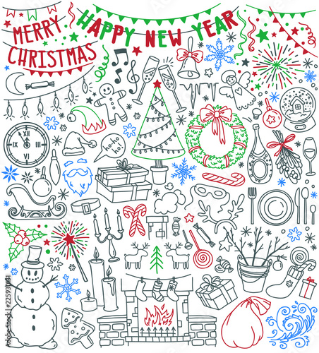 Happy New Year and Merry Christmas doodle set. Xmas tree, fireplace with stockings, gift boxes, snowflakes, advent wreath, party decoration. Hand drawn vector illustration isolated on white background