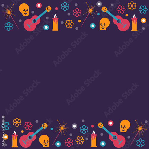 Dead day festival frame with main holiday symbols. Vector illustration