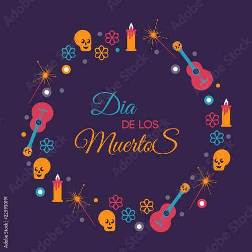 Party Decoration Banner Invitation for the Day Of Dead with with guitar and burning candles. Dia De Los Muertos text