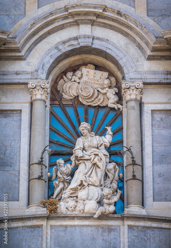 Statue of Saint Agatha on the facade of Catania Duomo. Sicily, Italy.