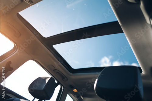 Panoramic sun roof in the car photo
